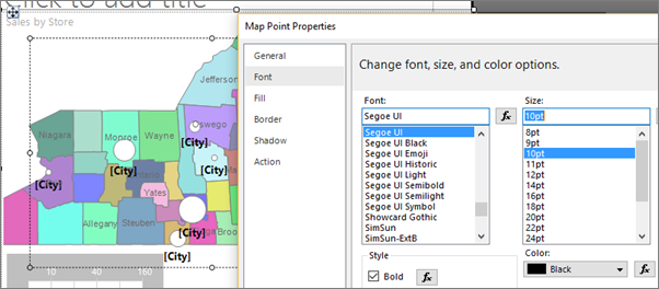 Screenshot: Bereich „Change font, size, and color options“ (Schriftart, Schriftgröße und Farboptionen) im Dialogfeld „Punkteigenschaften von Karten“.