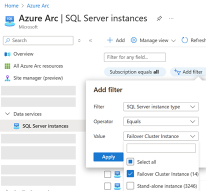 Screenshot des Azure-Portals mit Steuerelement „Filter hinzufügen“ für SQL Server mit Azure Arc-Unterstützung.