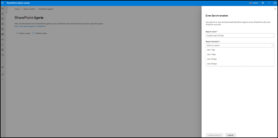 Screenshot: Angeben des Berichtszeitrahmens in SharePoint Agent Insights