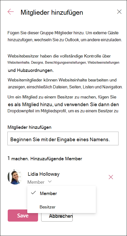 Screenshot des Dialogfelds zum Hinzufügen von Mitgliedern zu einer Gruppe.