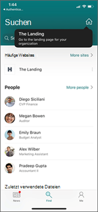 Screenshot einer SharePoint-App, die eine SharePoint-Startseite anzeigt.