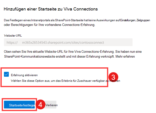 Screenshot: Schritte zum Aktivieren der Viva Connections-Umgebung und Festlegen als Startwebsite.