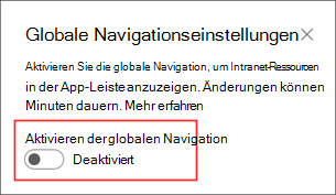 Screenshot des Orts, an dem die globale Navigationsoption im Einstellungsbereich aktiviert wird.