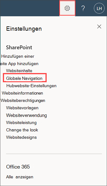 Screenshot der globalen Navigationsoption im Einstellungsbereich.