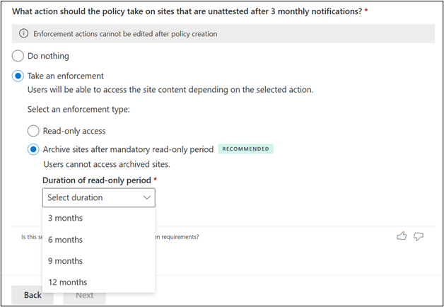 Screenshot der Konfiguration von Erzwingungsaktionen für Richtlinien für die Websitelebenszyklusverwaltung.