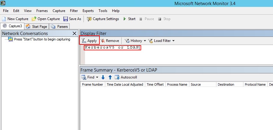 Screenshot of the Microsoft Network Monitor dialog with the Display Filter area showing.