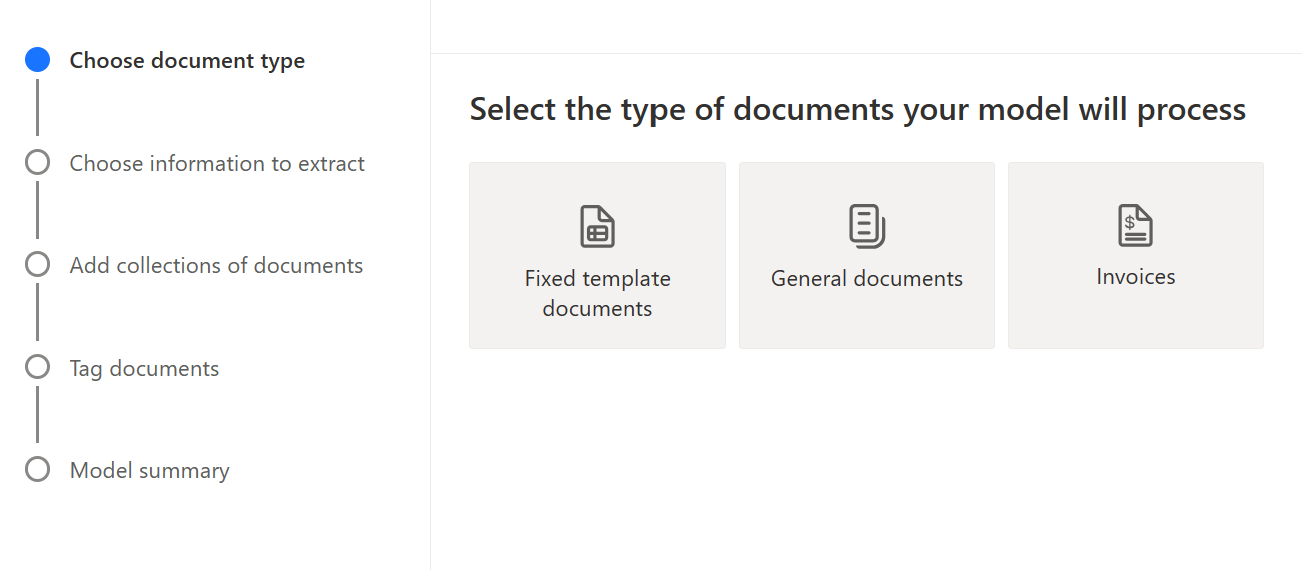 Screenshot der Kacheln unter „Wählen Sie den Typ der Dokumente aus, den ihr Modell verarbeiten wird“.