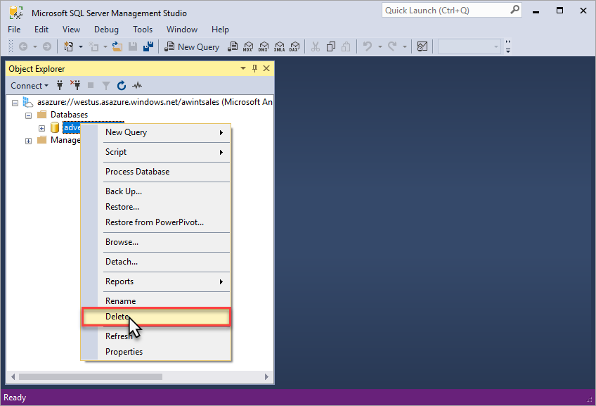 Screenshot zum Löschen der Beispieldatenbank.