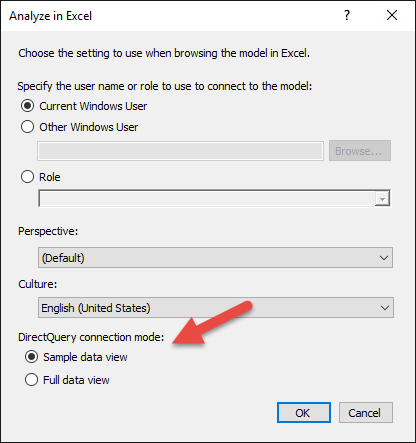 „In Excel analysieren“-DirectQuery-Optionen