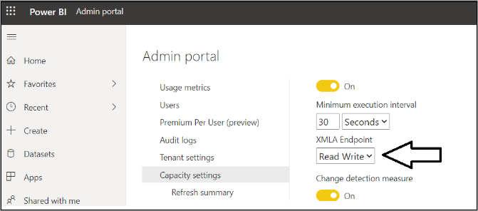 XMLA-Einstellung Leseschreibvorgang im Admin-Portal.