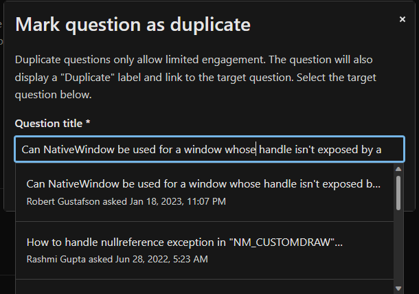 Screenshot der doppelten Frage modal mit dem Titel der Frage.