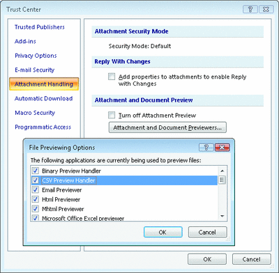 Figure 8 List of Preview Handlers in the Outlook Trust Center