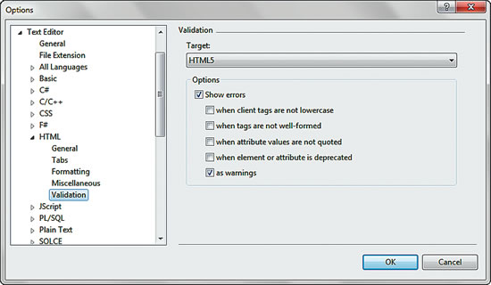 Enabling the HTML5 Schema via the Options Dialog
