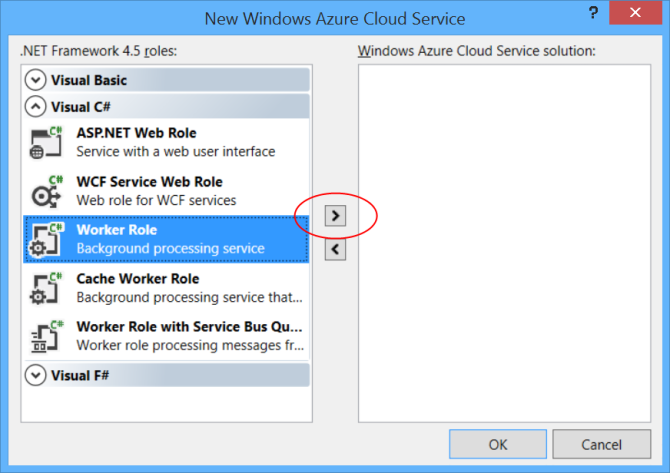 Der folgende Screenshot zeigt eine Fortsetzung der vorherigen Abbildung und zeigt die verschiedenen für den Azure Cloud Service verfügbaren Auswahlmöglichkeiten, wobei die richtige hervorgehoben wird.