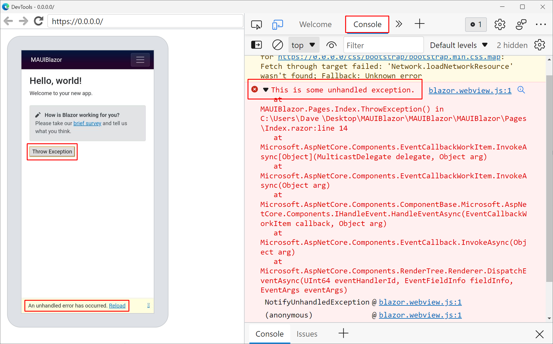 Microsoft Edge DevTools-Fenster für eine Blazor Hybrid-App unter Pixel 5