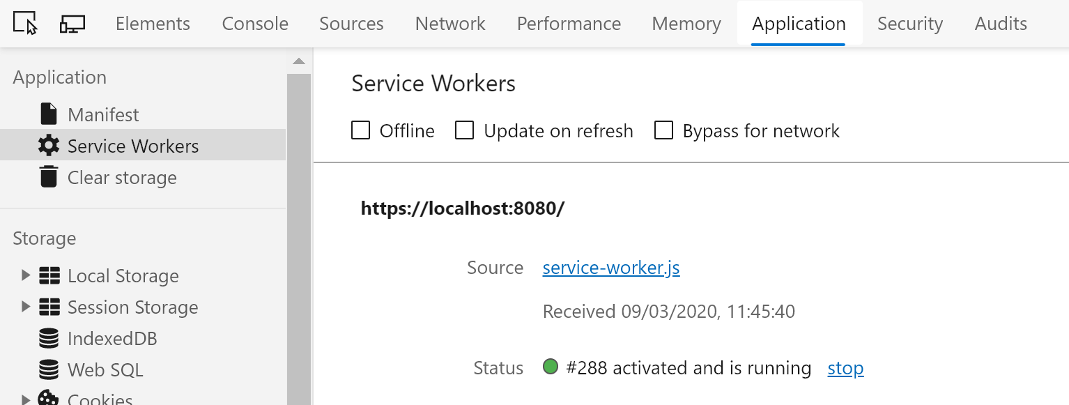 Auf der Registerkarte „Anwendung“ der Entwicklertools in Google Chrome wird ein aktivierter und ausgeführter Service Worker angezeigt.