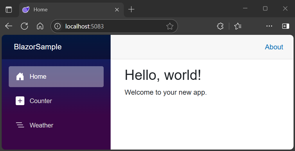 Blazor Web App wird in Microsoft Edge ausgeführt, wobei die Startseite in der Benutzeroberfläche gerendert wird.