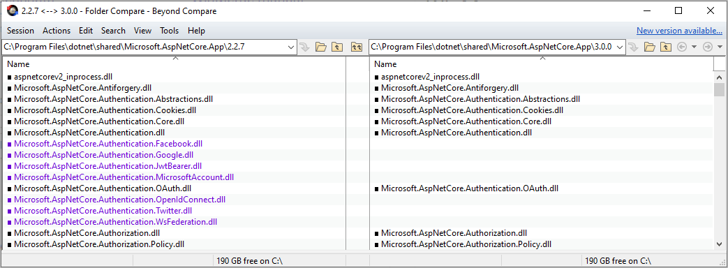 Vergleich der Assembly des freigegebenen Frameworks