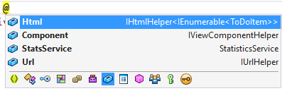 Kontextmenü von IntelliSense, in dem das @-Symbol eingegeben wurde und „HTML“, „Komponente“, „StatsService“ und „URL-Felder“ angezeigt werden