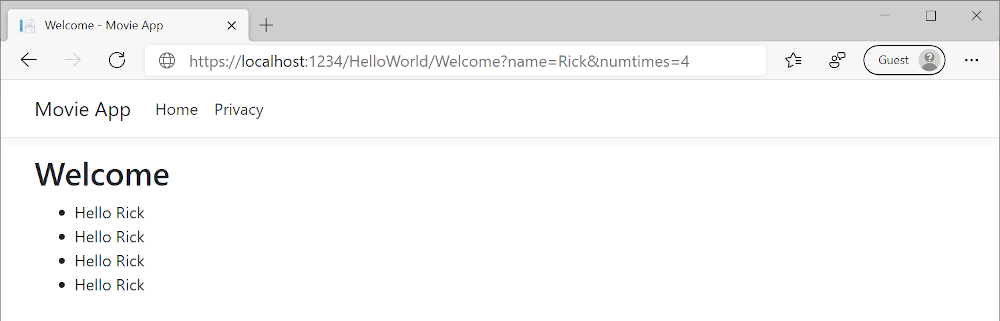 Privacy-Ansicht mit der Bezeichnung „Welcome“ und der vier Mal gezeigten Wortfolge „Hello Rick“