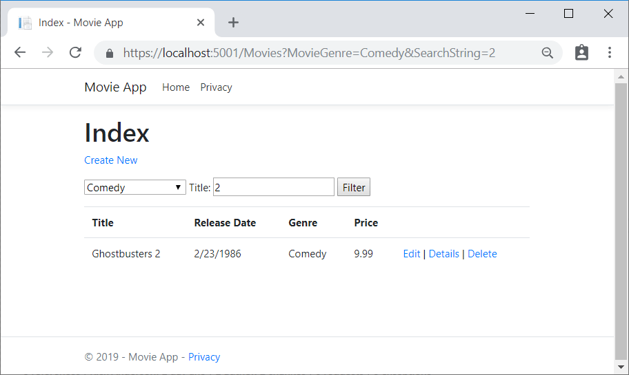 Browserfenster mit den Ergebnissen von https://localhost:5001/Movies?MovieGenre=Comedy& SearchString=2