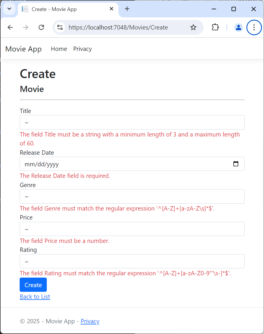 Ansichtsformular „Movie“ mit mehreren clientseitigen jQuery-Validierungsfehlern