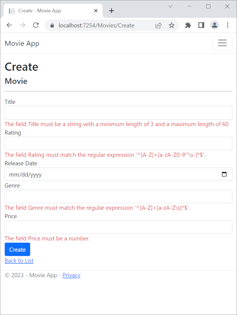 Ansichtsformular „Movie“ mit mehreren clientseitigen jQuery-Validierungsfehlern