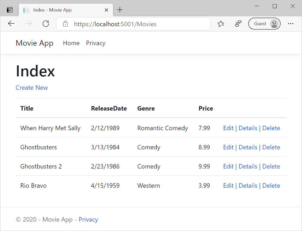 In Microsoft Edge geöffnete MVC Movie-App mit Filmdaten