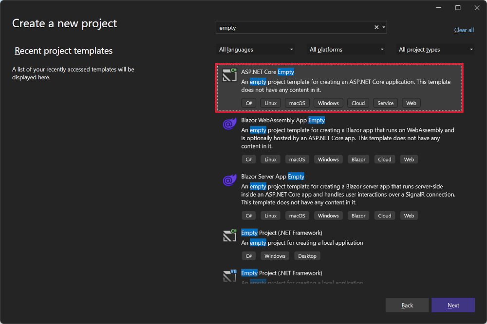 Visual Studio-Seite „Neues Projekt erstellen“