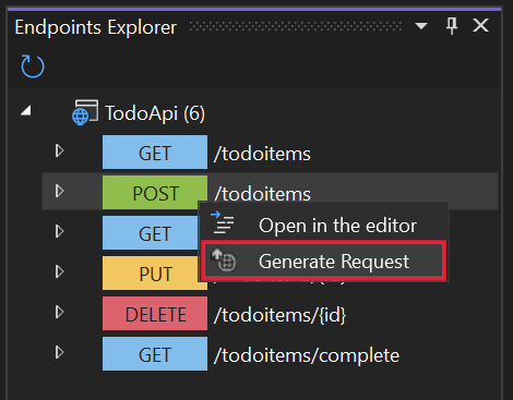 Endpoints Explorer context menu highlighting Generate Request menu item.