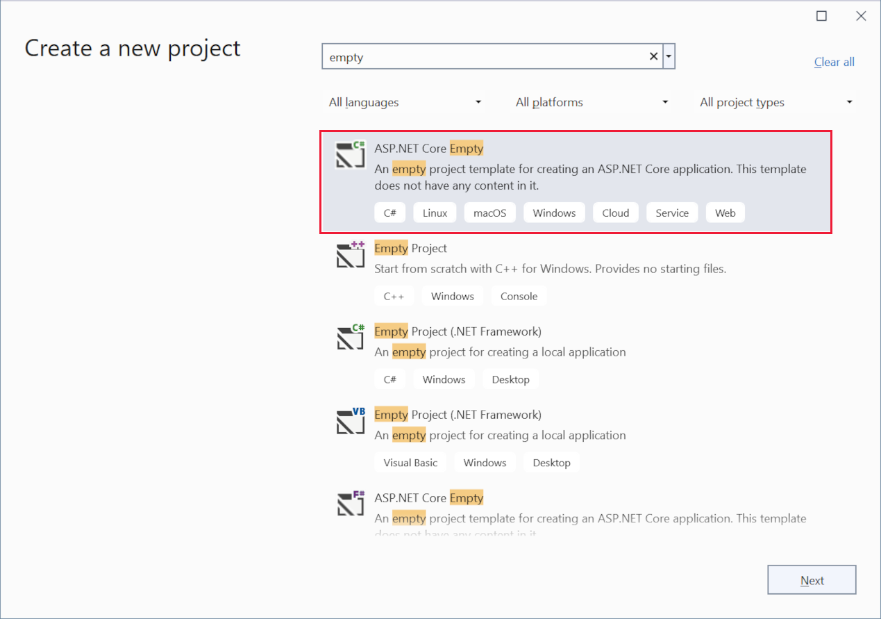 Visual Studio-Seite „Neues Projekt erstellen“