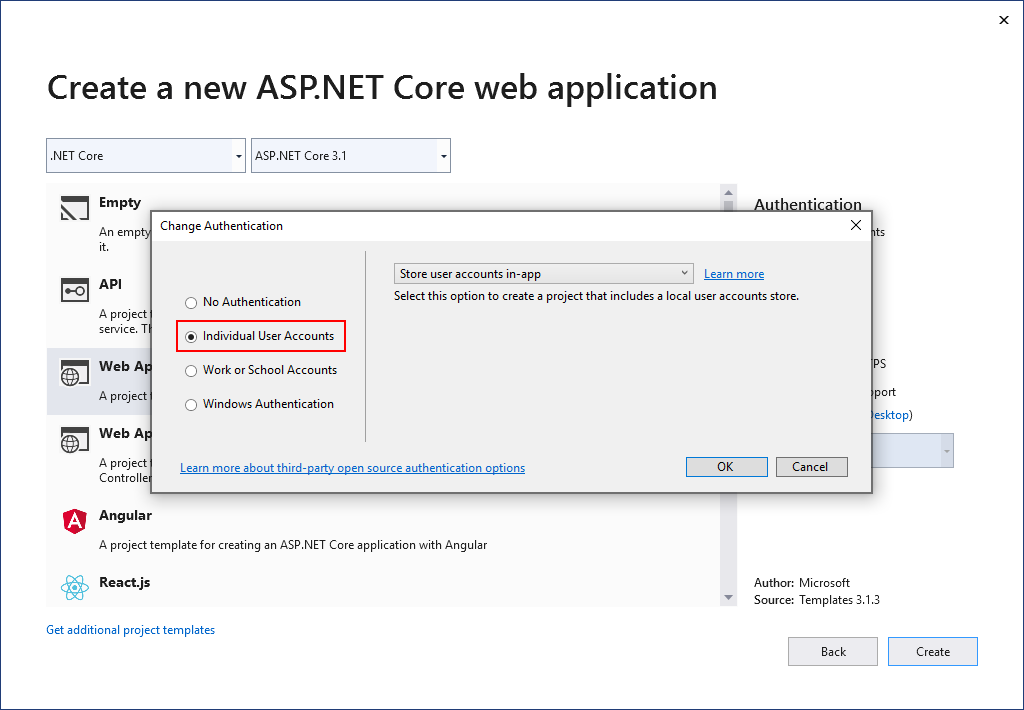 Dialogfeld „New ASP.NET Core Web Authentication“ (Neue ASP.NET Core-Webauthentifizierung)