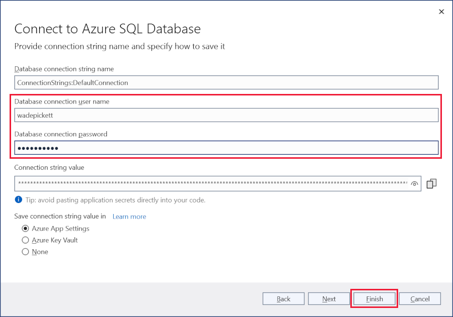 Dialogfeld „Azure SQL-Datenbank konfigurieren“, Verbindungszeichenfolgen-Details