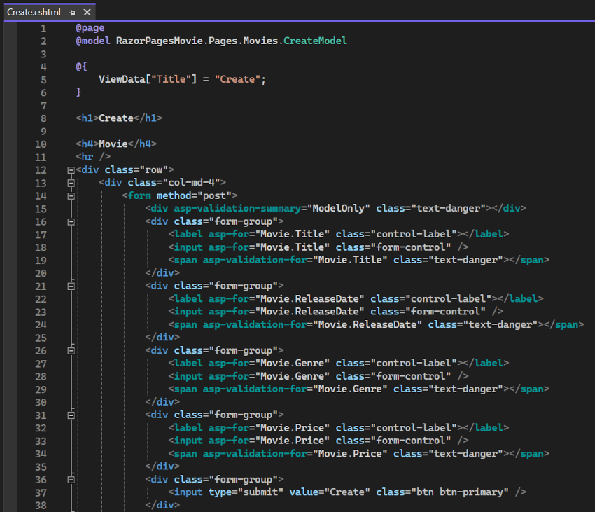 VS-Ansicht der Seite „Create.cshtml“