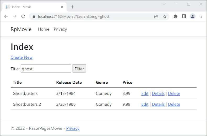 Indexansicht mit dem in das Filtertextfeld eingegebenen Wort „ghost“