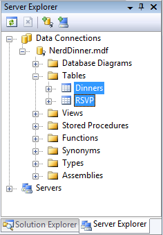 Screenshot: Server-Explorer. Tabellen werden erweitert. Abendessen und R S V P sind hervorgehoben.