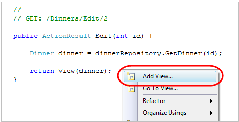 Screenshot: Erstellen einer Ansichtsvorlage zum Hinzufügen einer Ansicht in Visual Studio