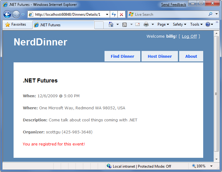 Screenshot der Detailseite für Nerd Dinners: Unten wird die Meldung Sie sind für dieses Ereignis registriert angezeigt.