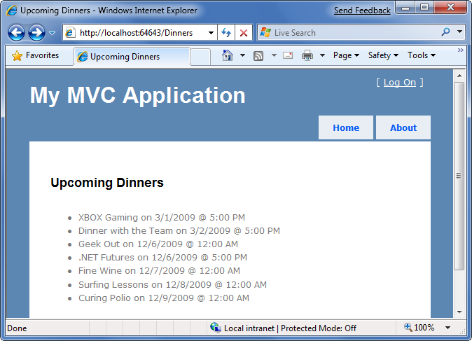 Screenshot des Anwendungsantwortfensters mit einer Liste der bevorstehenden Abendessen nach dem Aktualisierungsbefehl.