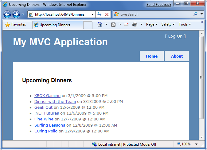 Screenshot des Anwendungsantwortfensters, das die liste der bevorstehenden Abendessen mit neuen Links zeigt, die den Listenelementen entsprechen.