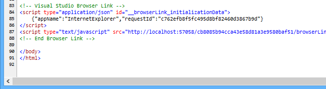 Screenshot: Quellfenster anzeigen im Browser mit speziellen Skriptverweise, die vom Modul h t t t p eingefügt wurden.