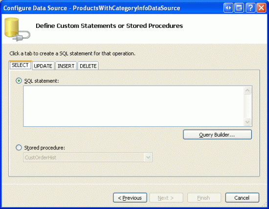 Geben Sie eine benutzerdefinierte SQL-Anweisung ein, oder wählen Sie eine gespeicherte Prozedur aus.