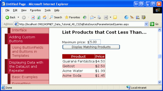 Produkte, die kleiner als oder gleich $5.00 sind, werden angezeigt