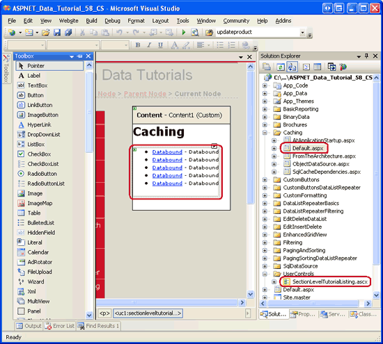 Abbildung 2: Hinzufügen des SectionLevelTutorialListing.ascx-Benutzersteuerelements zu Default.aspx
