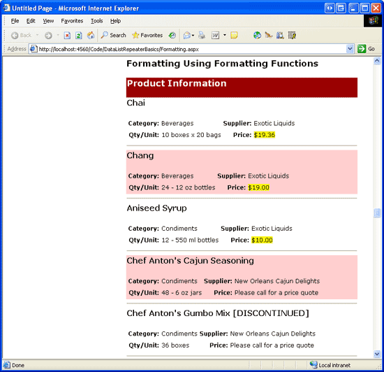 Screenshot: Produkte, die im DataList-Steuerelement aufgeführt sind, wobei der Preis von Produkten, die mehr als 20,00 USD kosten, durch den Text 