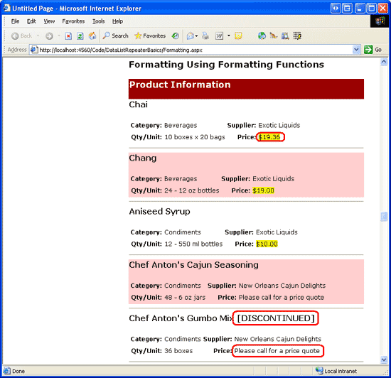 Screenshot: Produkte, die im DataList-Steuerelement aufgeführt sind, wobei der Preis von Produkten, die mehr als 20,00 USD kosten, durch den Text 