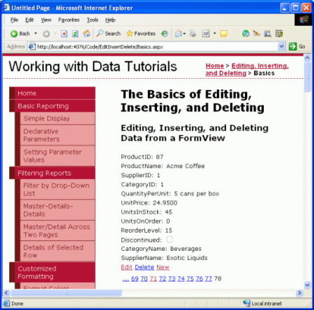 Die Details für das neue Produkt Acme Coffee werden in der FormView angezeigt.