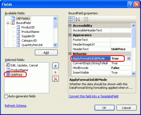 Festlegen der ApplyFormatInEditMode-Eigenschaft von UnitPrice BoundField auf 