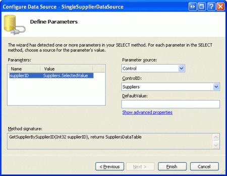 Verwenden der Lieferanten-DropDownList als Lieferanten-ID-Parameterquelle