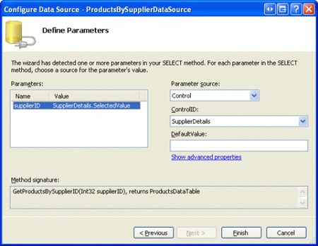 Verwenden der SuppliersDetails DetailsView s SelectedValue-Eigenschaft als Parameterquelle